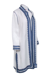 Current Boutique-Ibu - Ivory Open Front Duster Jacket w/ Embroidered Blue Trim Sz M