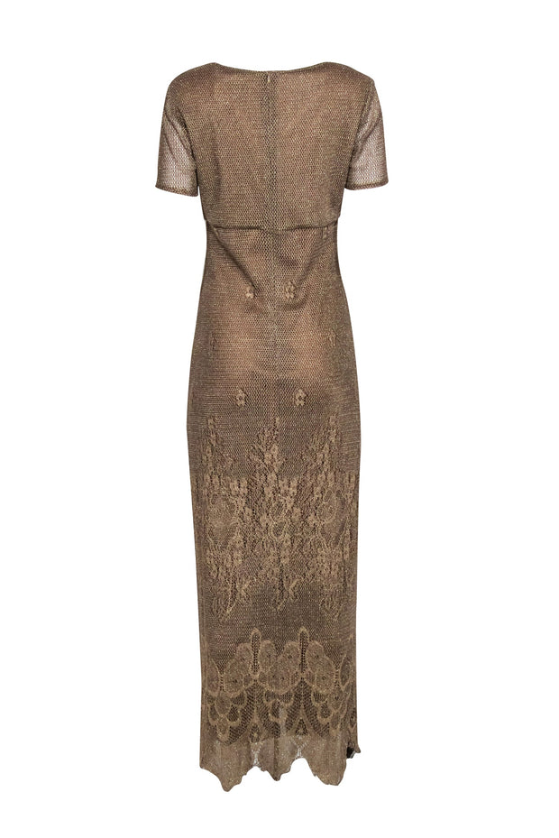 Current Boutique-JS Collections - Metallic Gold Floral Knitted Empire Waist Dress Sz 12