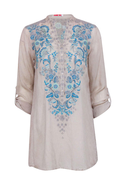 Current Boutique-Johnny Was - Beige w/ Blue Embroidered Detail Top Sz XS