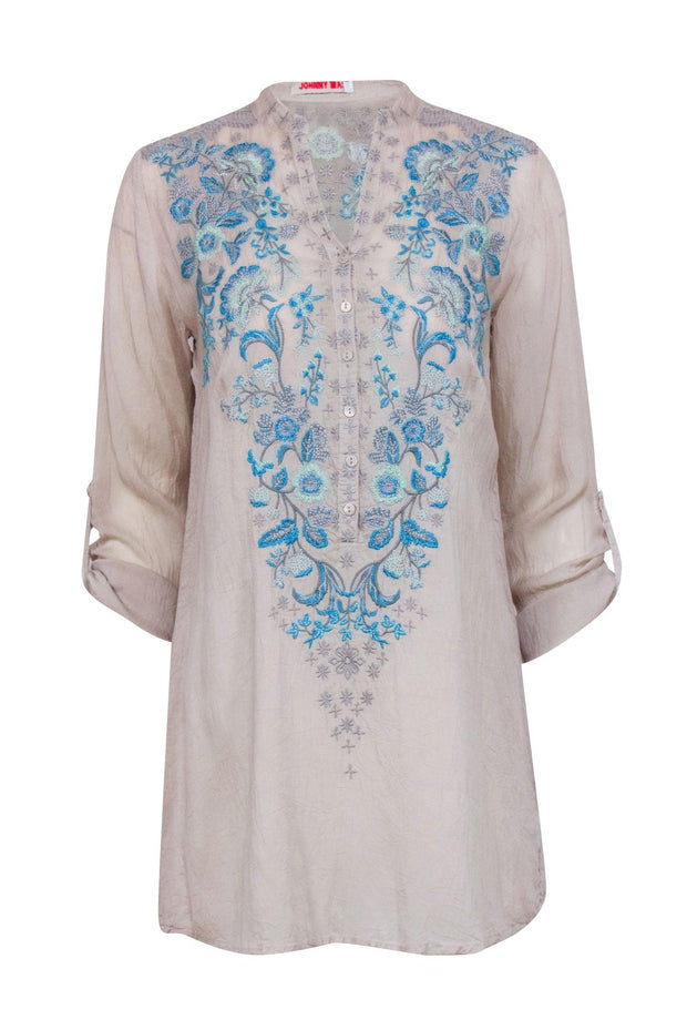 Current Boutique-Johnny Was - Beige w/ Blue Embroidered Detail Top Sz XS