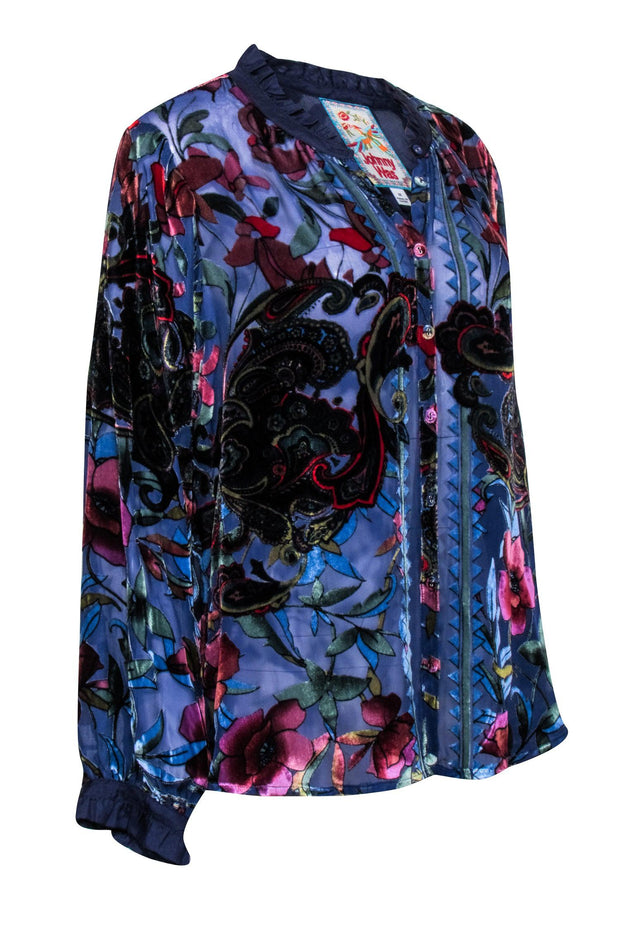 Current Boutique-Johnny Was - Blue & Multicolor Floral Velvet Burnout Long Sleeve Button Front Sz M
