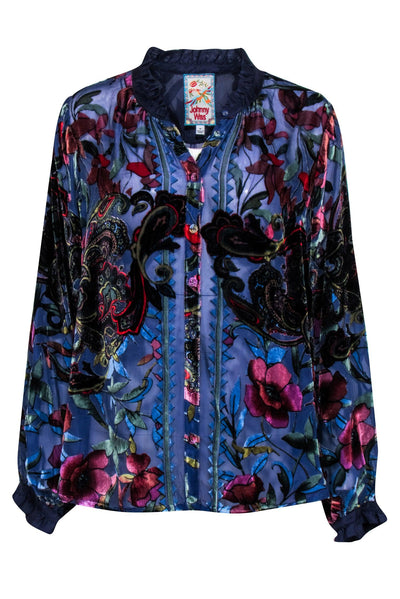 Current Boutique-Johnny Was - Blue & Multicolor Floral Velvet Burnout Long Sleeve Button Front Sz M