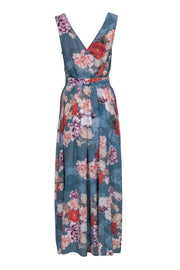 Current Boutique-Johnny Was - Blue Silk Floral Print Sleeveless Maxi Dress Sz S