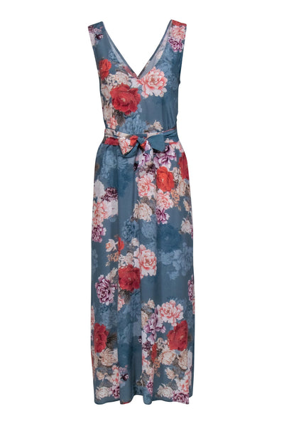 Current Boutique-Johnny Was - Blue Silk Floral Print Sleeveless Maxi Dress Sz S