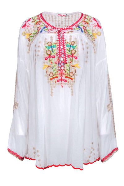 Current Boutique-Johnny Was - White w/ Multi Colored Floral Embroidered Top Sz XL