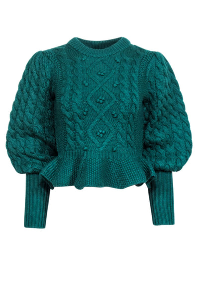 Current Boutique-Joie - Green Cable Knit w/ Textured Details Balloon Sleeve Sweater Sz S