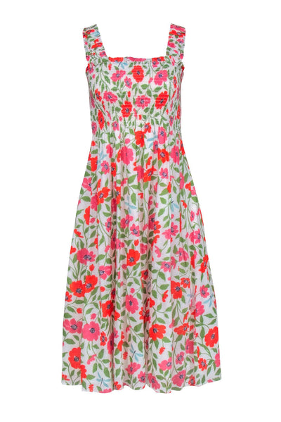 Current Boutique-Kate Spade - White w/ Pink & Orange Floral Print Smocked Dress Sz S