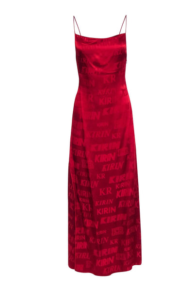 Current Boutique-Kirin - Red Satin Cowl Neck Logo Print Formal Dress Sz 0
