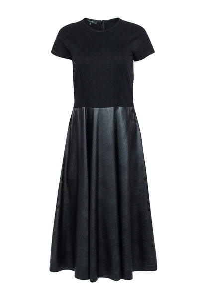 Current Boutique-Lafayette 148 - Black Short Sleeve Midi Dress w/ Faux Leather Skirt Sz M