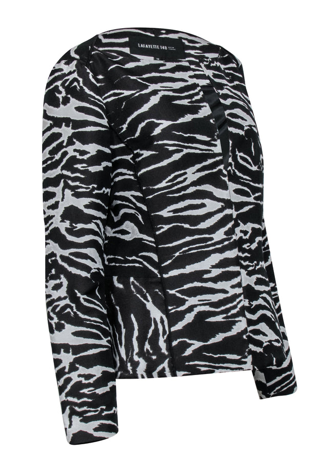 Current Boutique-Lafayette 148 - Black & White Zebra Print Collarless Jacket Sz 16