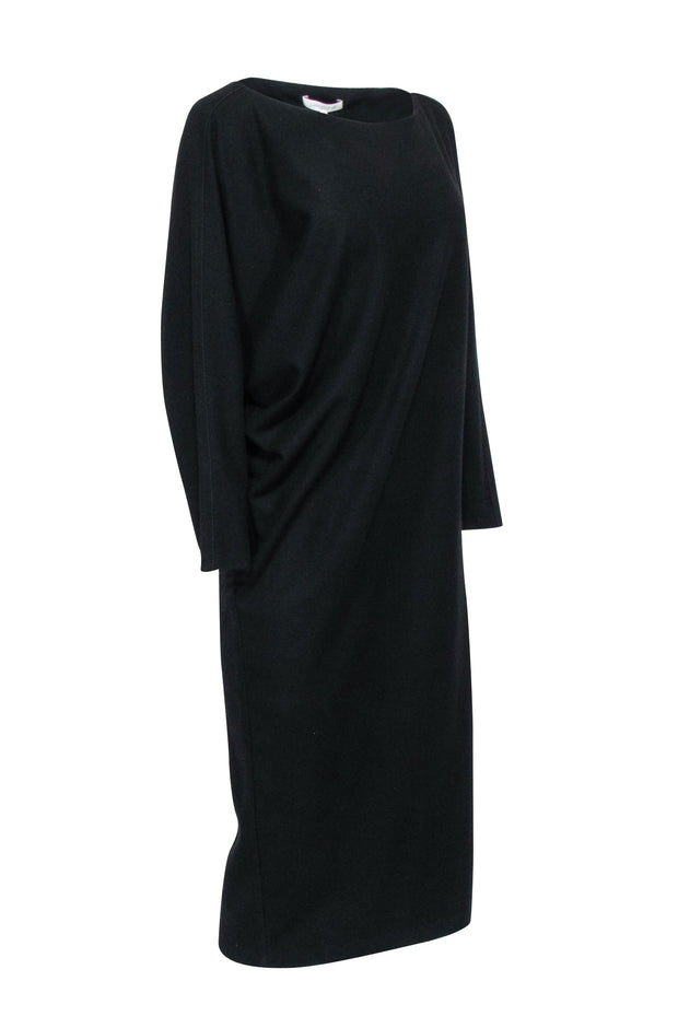 Current Boutique-Lafayette 148 - Black Wool & Cashmere Blend Asymmetrical Long Sleeve Dress Sz L
