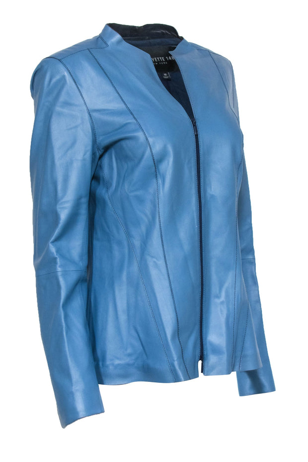 Current Boutique-Lafayette 148 - Blue Leather Zipper Front Jacket Sz 12