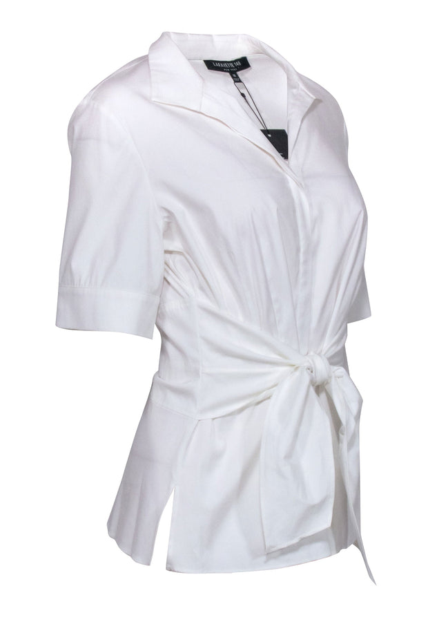 Current Boutique-Lafayette 148 - White Short Sleeve Shirt w/ Waist Tie Sz 10