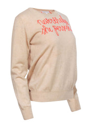 Current Boutique-Lingua Franca - Beige Cashmere Sweater w/ Red Embroidered Script Sz S