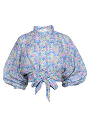 Current Boutique-LoveShackFancy - Blue Floral Print Button Down Shirt w/ Dolman Sleeves Sz XS