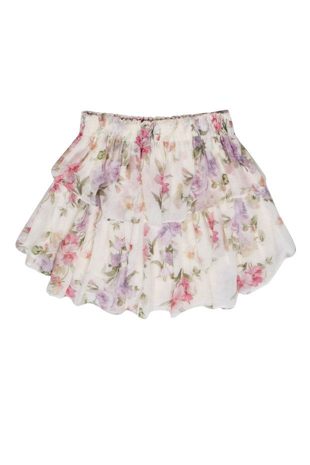 Current Boutique-LoveShackFancy - Ivory & Pink Floral Tiered Mini Skirt Sz S