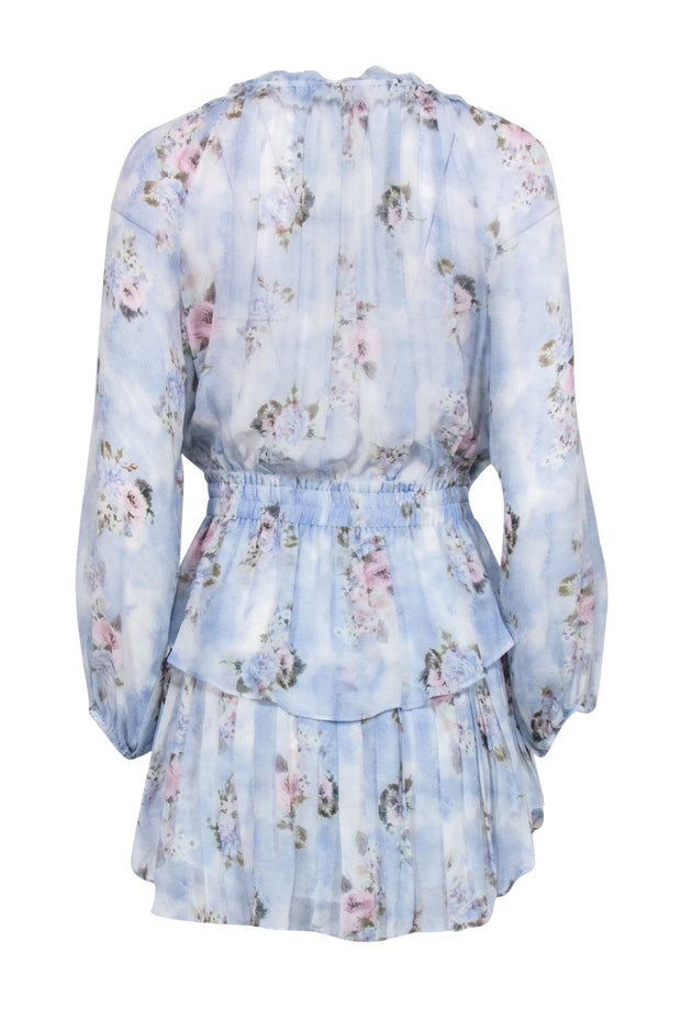 Current Boutique-LoveShackFancy - Light Blue & White Floral Print Ruffled Silk Dress Sz S