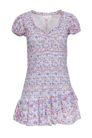 Current Boutique-LoveShackFancy - White w/ Pastel Pink & Purple Floral Smocked Drop Waist Dress Sz M