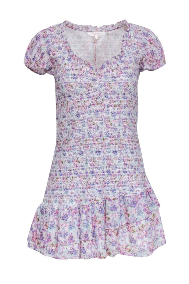 Current Boutique-LoveShackFancy - White w/ Pastel Pink & Purple Floral Smocked Drop Waist Dress Sz M