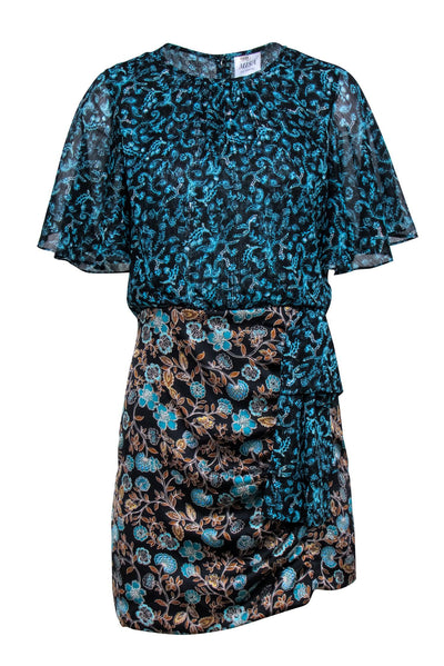 Current Boutique-MISA Los Angeles - Black & Teal Print Upper w/ Multi Color Floral Bottom Dress Sz S