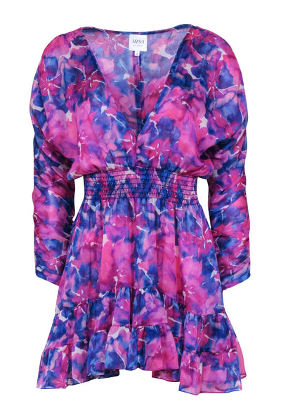 Current Boutique-MISA Los Angeles - Purple & Blue Watercolor Print Long Sleeve Dress Sz S