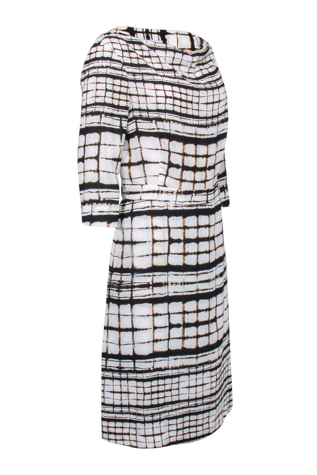 Current Boutique-M.M. Lafleur - White w/ Brown Square Print Cowl Neck Dress Sz 14
