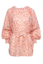 Current Boutique-Maje - Orange & White Floral Print Tunic Top w/ Waist Tie Sz 2