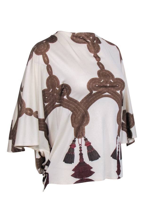 Current Boutique-Mara Hoffman - Ivory & Brown Rope Print Tie Back Blouse Sz XS