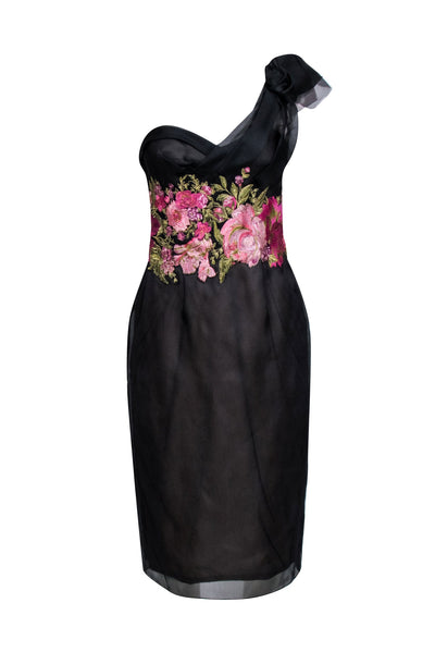 Current Boutique-Marchesa - Black One Shoulder Floral Embroidered Dress Sz 8