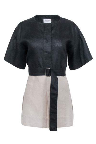 Current Boutique-Matthew Bruch - Black & Beige Linen Belted Dress Sz 2