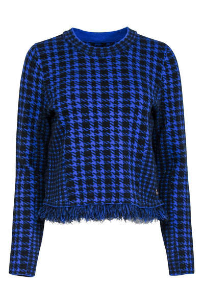 Current Boutique-Milly - Blue & Black Houndstooth Sweater w/ Fringe Trim Sz L