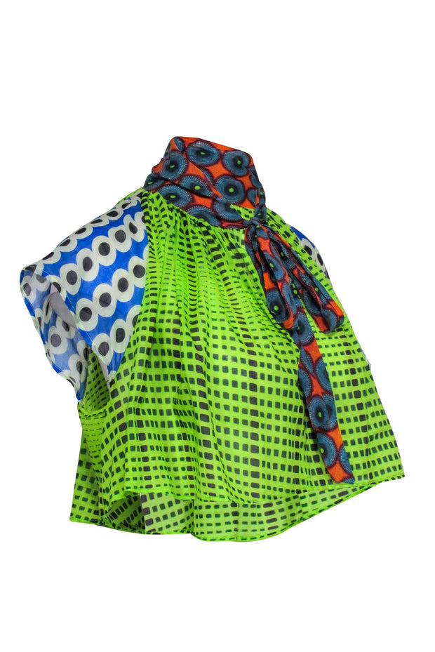 Current Boutique-Mimi Liberte - Green & Blue Multi Print Short Sleeve Wide Fit Crop Top Sz 4