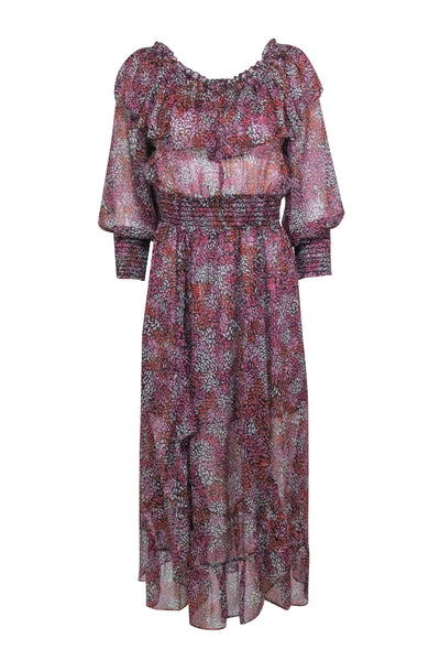 Current Boutique-Misa Los Angeles - Black, Pink, & Orange print Semi Sheer Off The Shoulder Dress Sz S