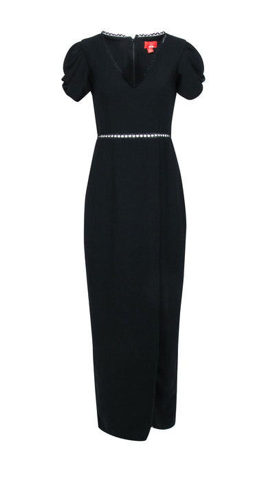 Current Boutique-Monique Lhuillier - Black Short Sleeve Black Gown w/ Eyelet Trim Sz 8