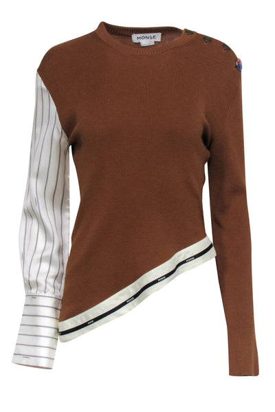 Current Boutique-Monse - Tan Knit Button Shoulder Sweater w/ Stripe Sleeve Sz S