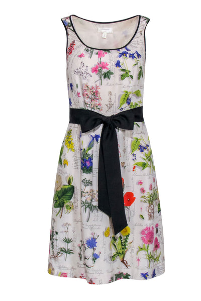Current Boutique-Moulinette Souers - Beige Floral Print Dress w/ Black Sash Sz 2