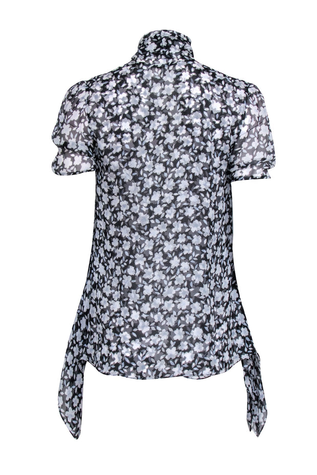 Current Boutique-Nehera - Navy & White Sheer Floral Short Sleeve Blouse w/ Neck Tie Sz XS