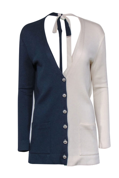 Current Boutique-Oscar de la Renta - Navy & Cream Color Blocked Knit Cardigan Sz L