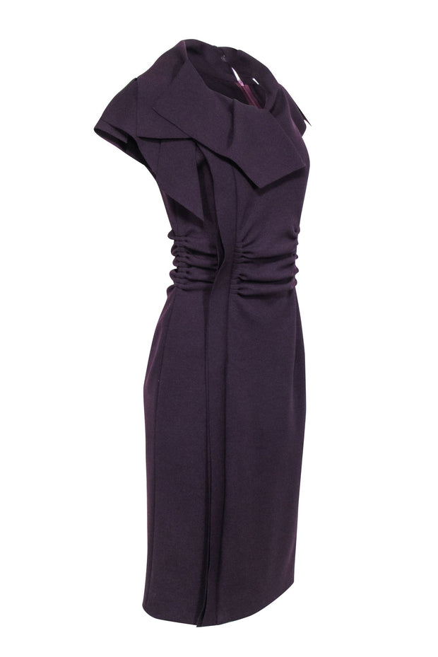 Current Boutique-Oscar de la Renta - Purple Wool Short Sleeve Ruffled Collar Dress w/ Gathered Waist Sz 8