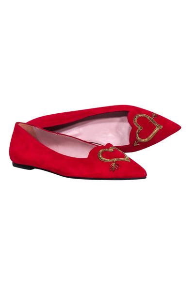 Current Boutique-Pretty Loafers - Red Pointed Toe Heart Embroidered Flats Sz 12