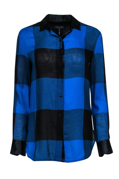 Current Boutique-Rag & Bone - Blue & Black Plaid Long Sleeve Button Front Shirt w/ Leather Collar Sz XS
