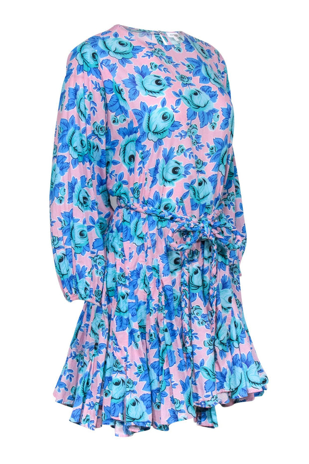 Current Boutique-Rhode - Pink w/ Blue Floral Print Belted Long Sleeve Dress Sz S