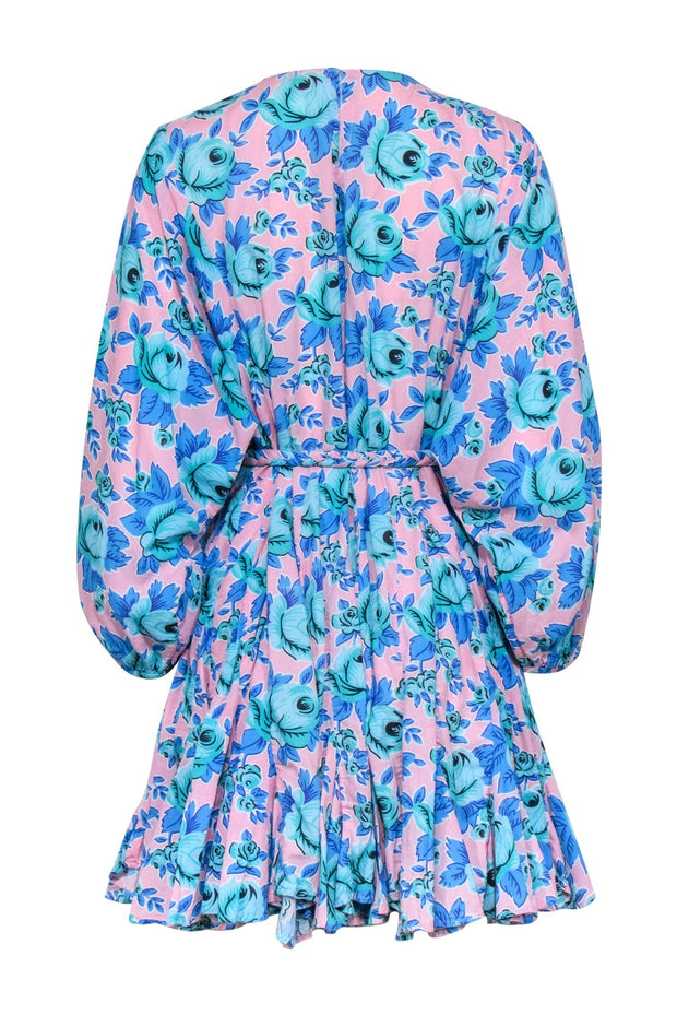 Current Boutique-Rhode - Pink w/ Blue Floral Print Belted Long Sleeve Dress Sz S