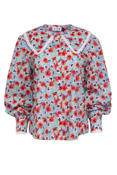 Current Boutique-Rixo - Blue Floral Print Peasant Collar Button Up Shirt Sz S