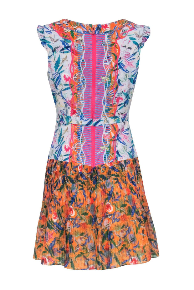 Current Boutique-Saloni - Orange w/ Multicolor Bird Print Pleated Dress Sz 6
