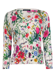 Current Boutique-Samantha Sung - Ivory Silk & Cashmere Multi Color Floral Print Cardigan Sweater Sz L