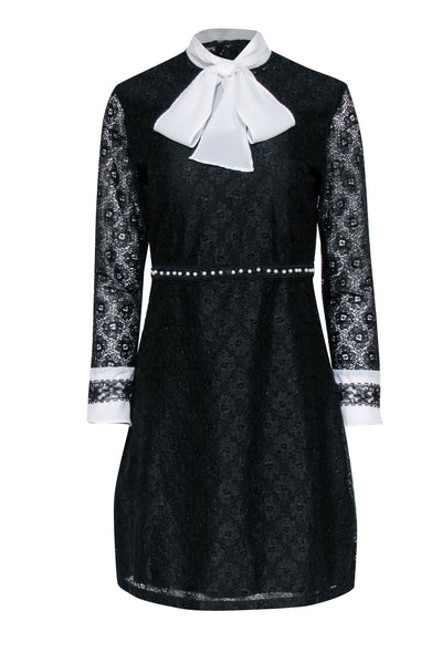 Current Boutique-Sandro - Black Floral Lace Dress w/ White Neck Tie & Cuffs Sz L