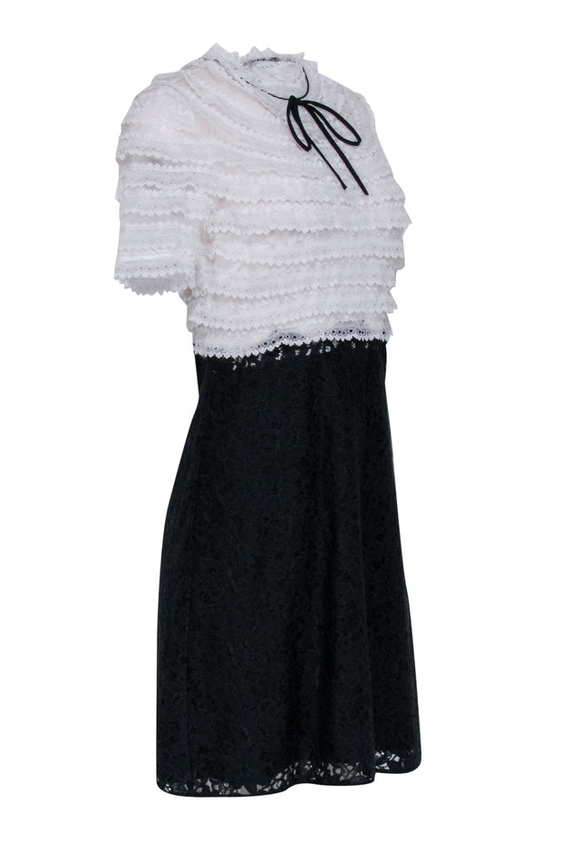 Current Boutique-Sandro - Black & White Two Tone Lace Dress w/ Bow Accent Sz L