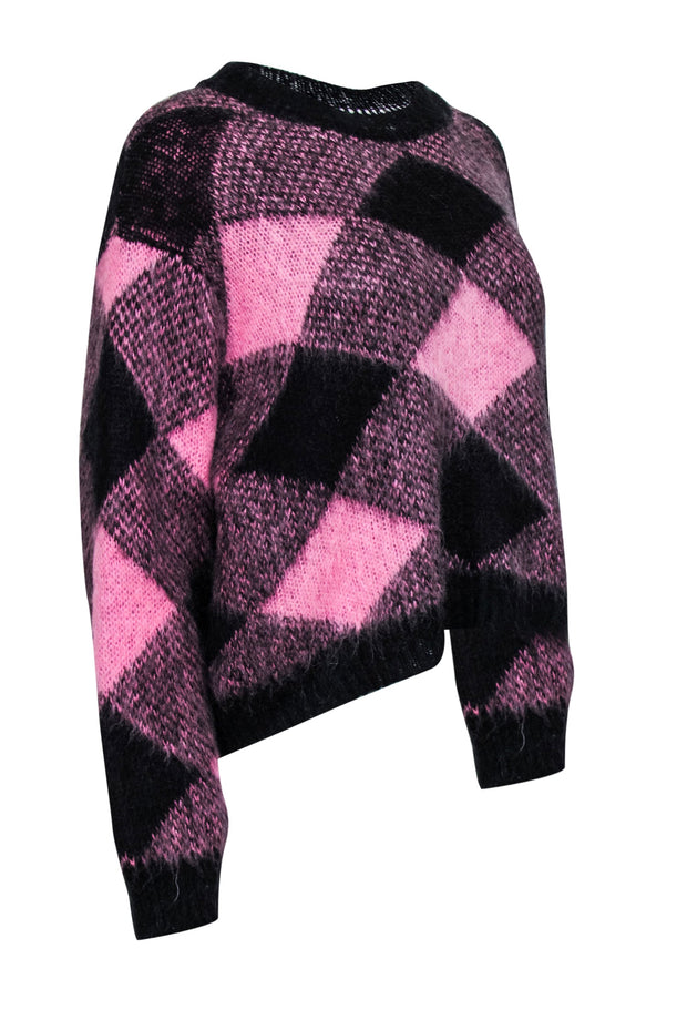 Current Boutique-Sandro - Pink & Black Diamond Patterned Mohair Blend Sweater Sz M