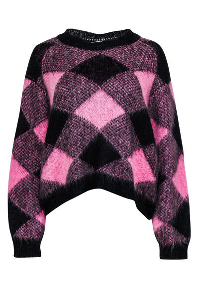 Current Boutique-Sandro - Pink & Black Diamond Patterned Mohair Blend Sweater Sz M